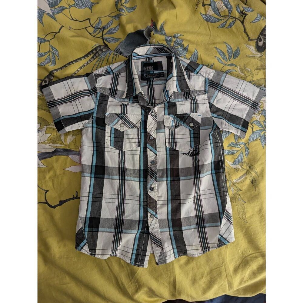 Vintage Y2K Micros boys Large Grey Short Sleeve Casual Button Down Shirt